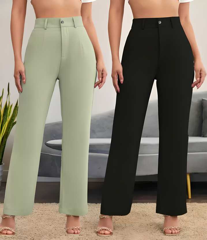 Voguehaven Elegant Pista & Black Lycra Solid Trousers Combo For Women