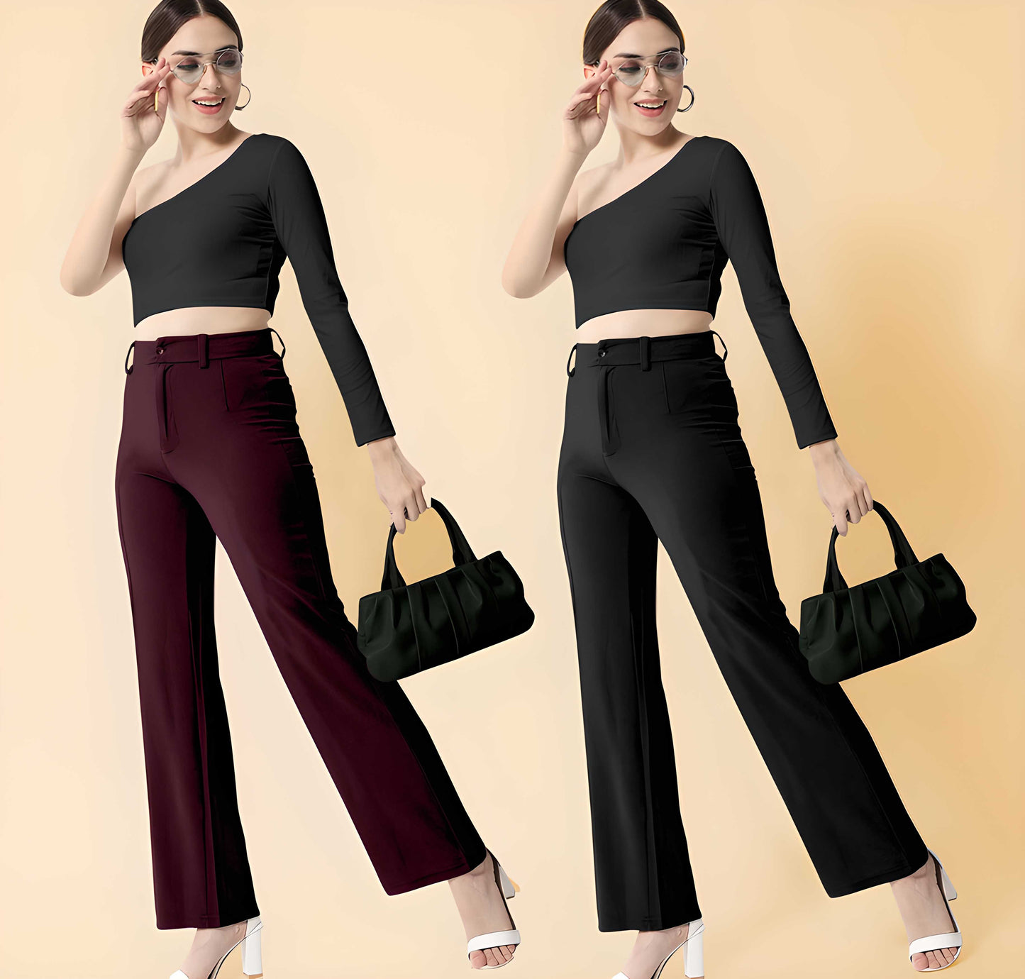 Voguehaven Elegant Wine & Black Lycra Solid Trousers Combo For Women