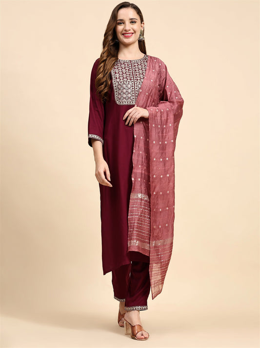 Maroon Colour Blend Silk Embroidery Work Party Wear Kurta Pant Dupatta Set For Women's - VOGUEHAVENSTORE