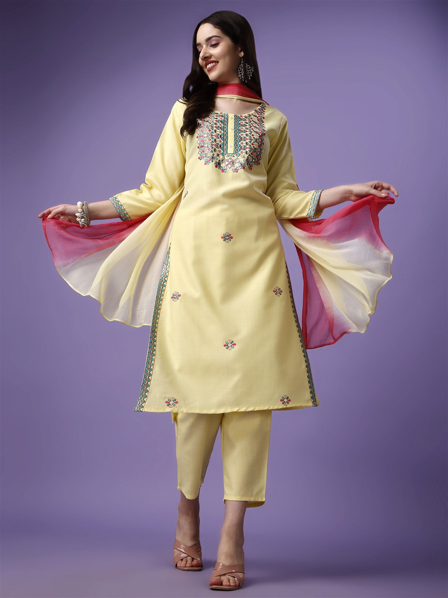 Yellow Party Wear Embroidery Worked Kurta With Pant And Duppata Set - VOGUEHAVENSTORE