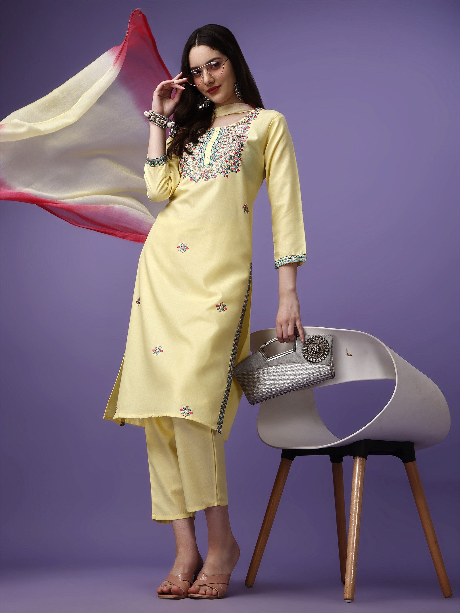 Yellow Party Wear Embroidery Worked Kurta With Pant And Duppata Set - VOGUEHAVENSTORE