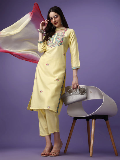 Yellow Party Wear Embroidery Worked Kurta With Pant And Duppata Set - VOGUEHAVENSTORE