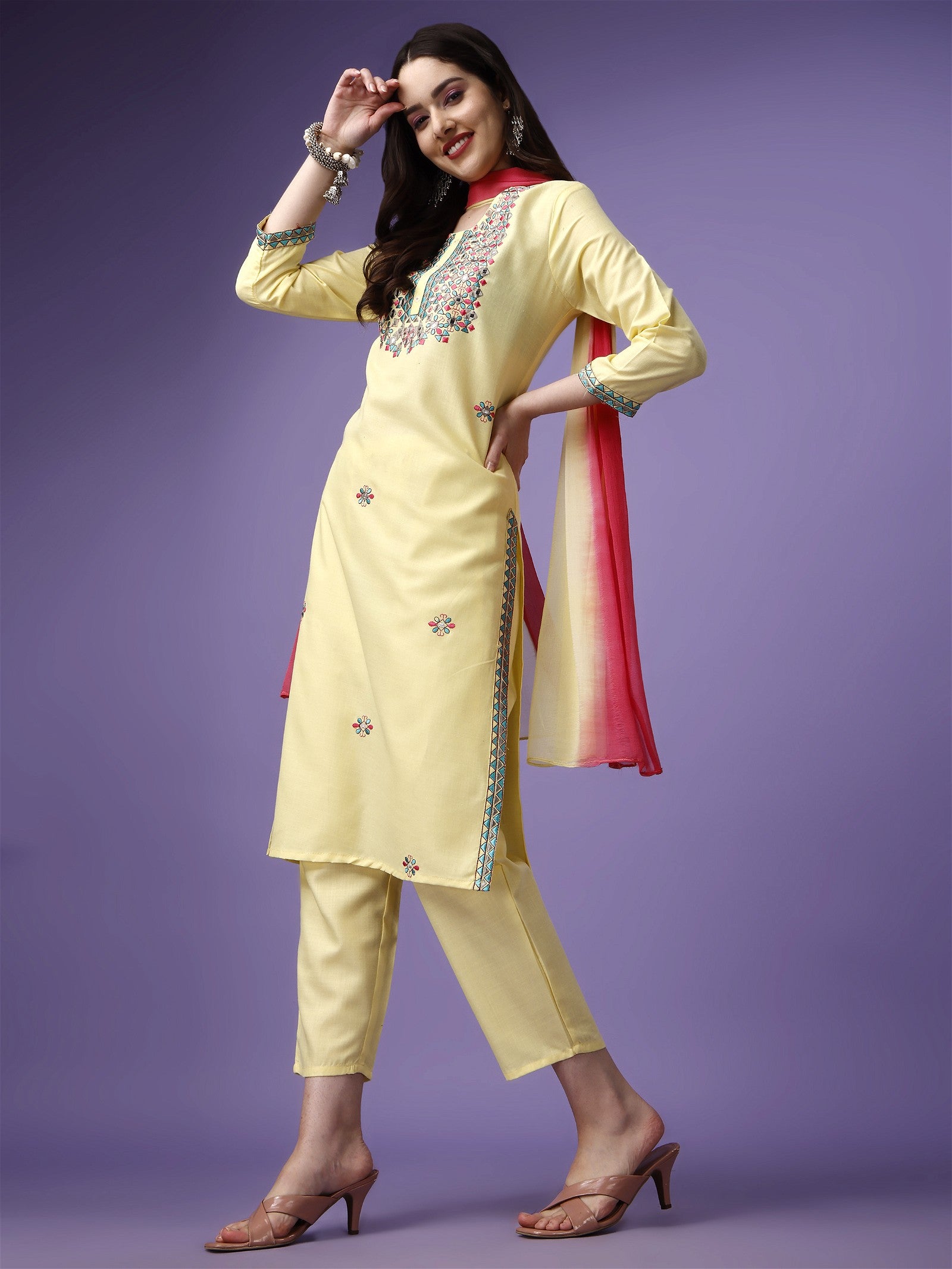 Yellow Party Wear Embroidery Worked Kurta With Pant And Duppata Set - VOGUEHAVENSTORE