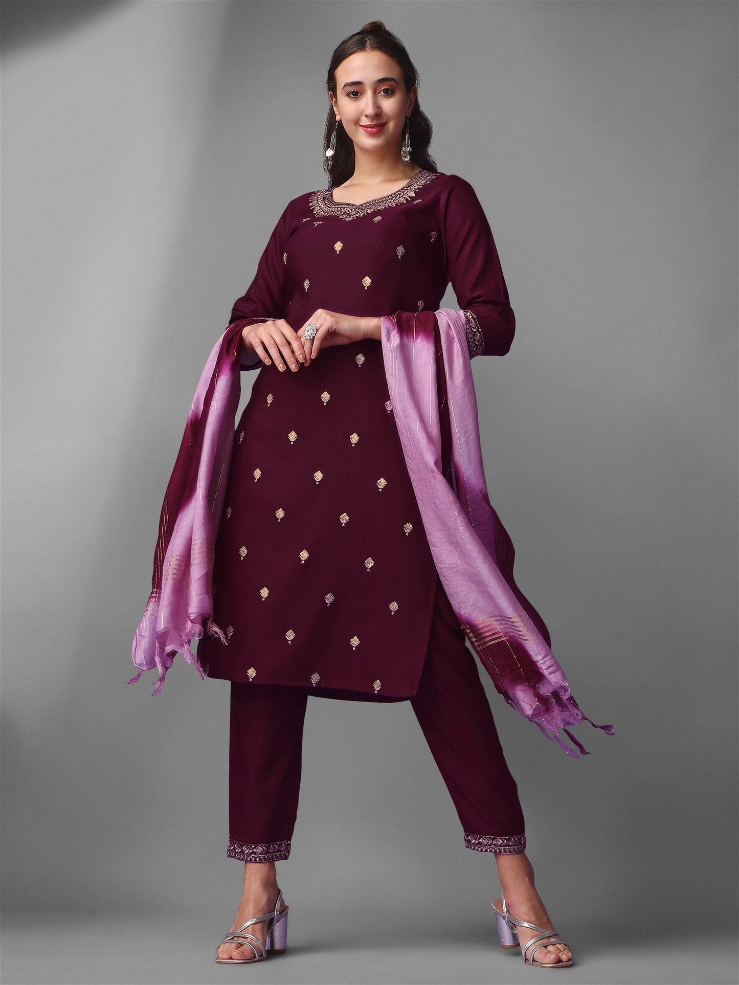 Purple Party Wear Embroidery Worked Kurta With Pant And Duppata Set - VOGUEHAVENSTORE