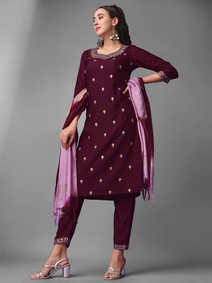 Purple Party Wear Embroidery Worked Kurta With Pant And Duppata Set - VOGUEHAVENSTORE