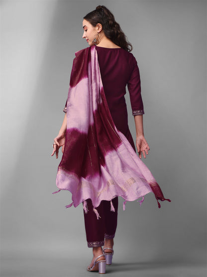 Purple Party Wear Embroidery Worked Kurta With Pant And Duppata Set - VOGUEHAVENSTORE