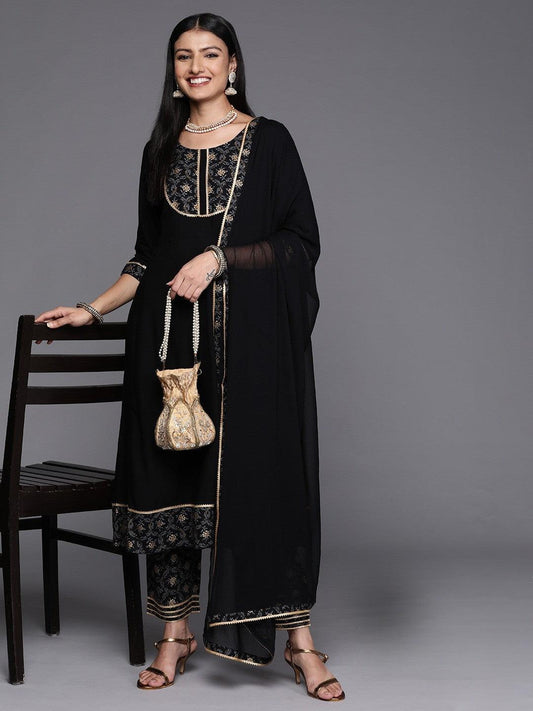 Black Party Wear Embroidery Worked Kurta With Pant And Duppata Set - VOGUEHAVENSTORE