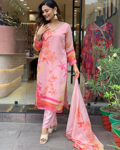 Pink Party Wear Embroidery Worked Kurta With Pant And Duppata Set - VOGUEHAVENSTORE