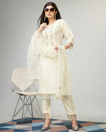 Off White Party Wear Embroidery Worked Kurta With Pant And Duppata Set - VOGUEHAVENSTORE