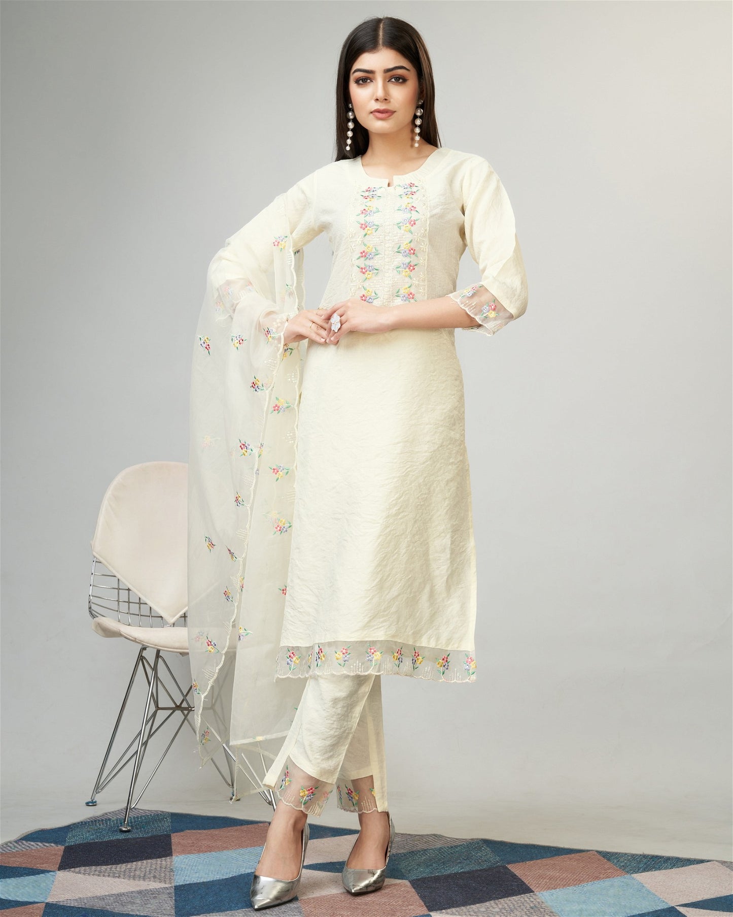 Off White Party Wear Embroidery Worked Kurta With Pant And Duppata Set - VOGUEHAVENSTORE