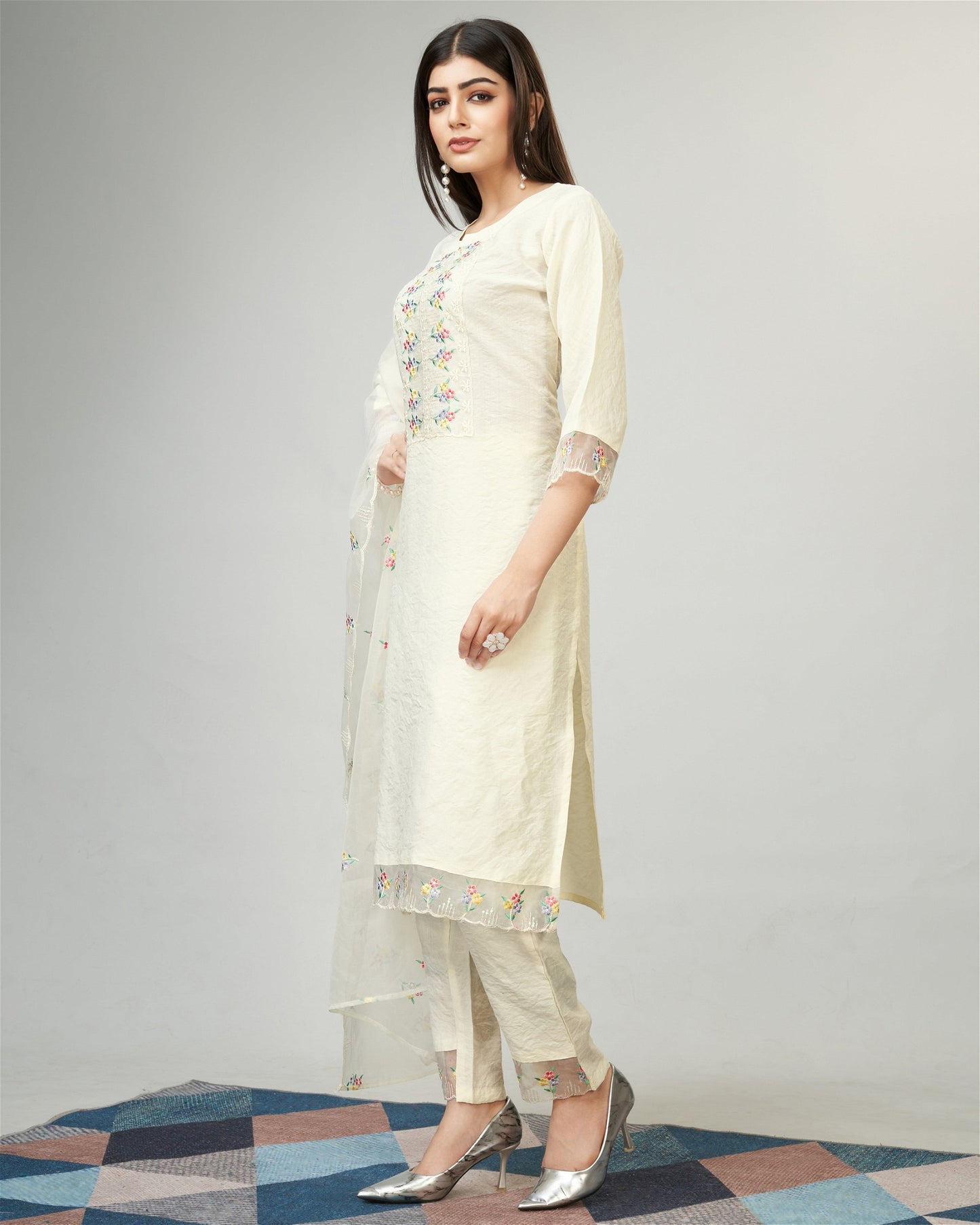 Off White Party Wear Embroidery Worked Kurta With Pant And Duppata Set - VOGUEHAVENSTORE