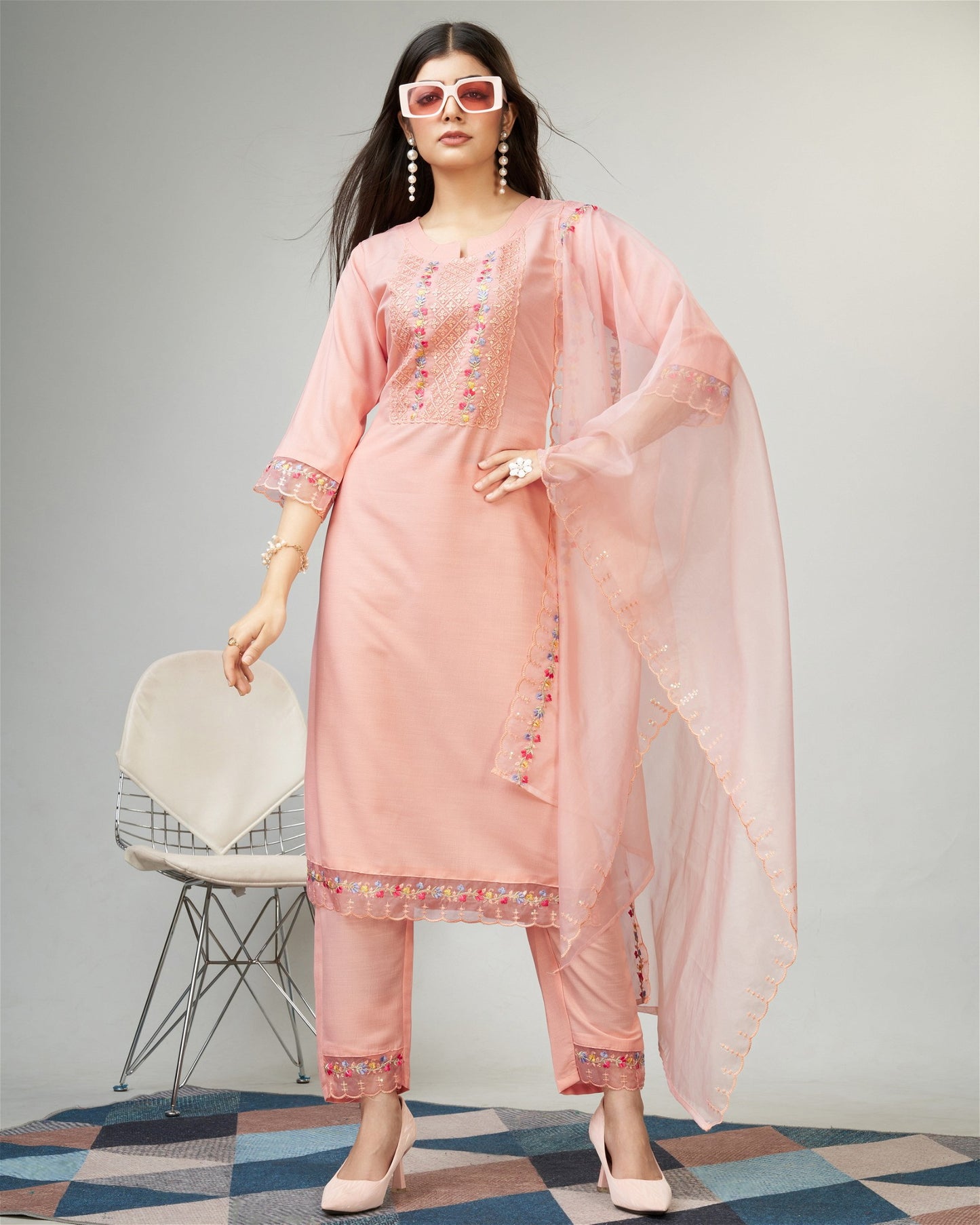 Peach Party Wear Embroidery Worked Kurta With Pant And Duppata Set - VOGUEHAVENSTORE