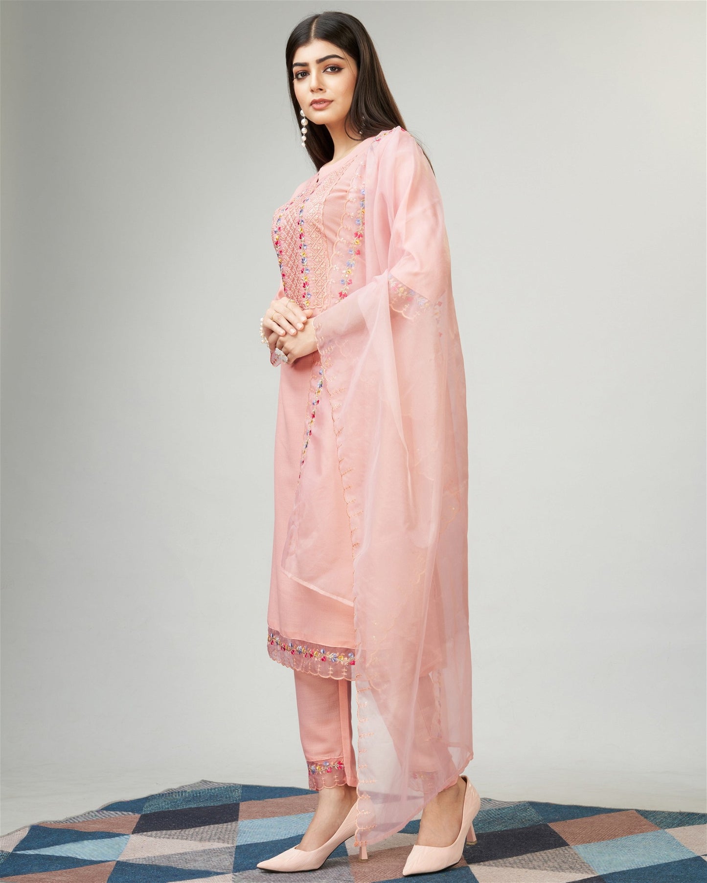 Peach Party Wear Embroidery Worked Kurta With Pant And Duppata Set - VOGUEHAVENSTORE