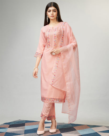 Peach Party Wear Embroidery Worked Kurta With Pant And Duppata Set - VOGUEHAVENSTORE