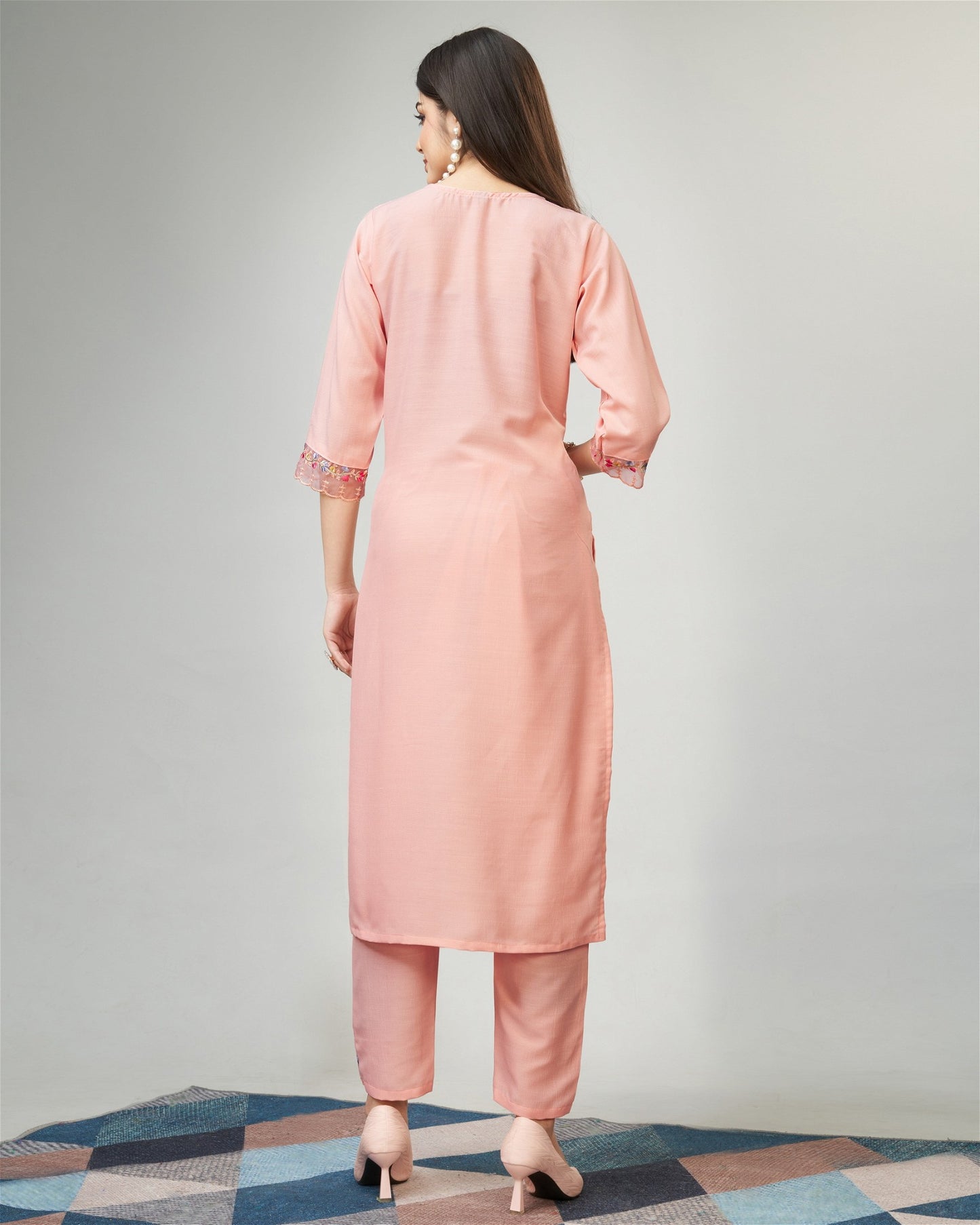 Peach Party Wear Embroidery Worked Kurta With Pant And Duppata Set - VOGUEHAVENSTORE