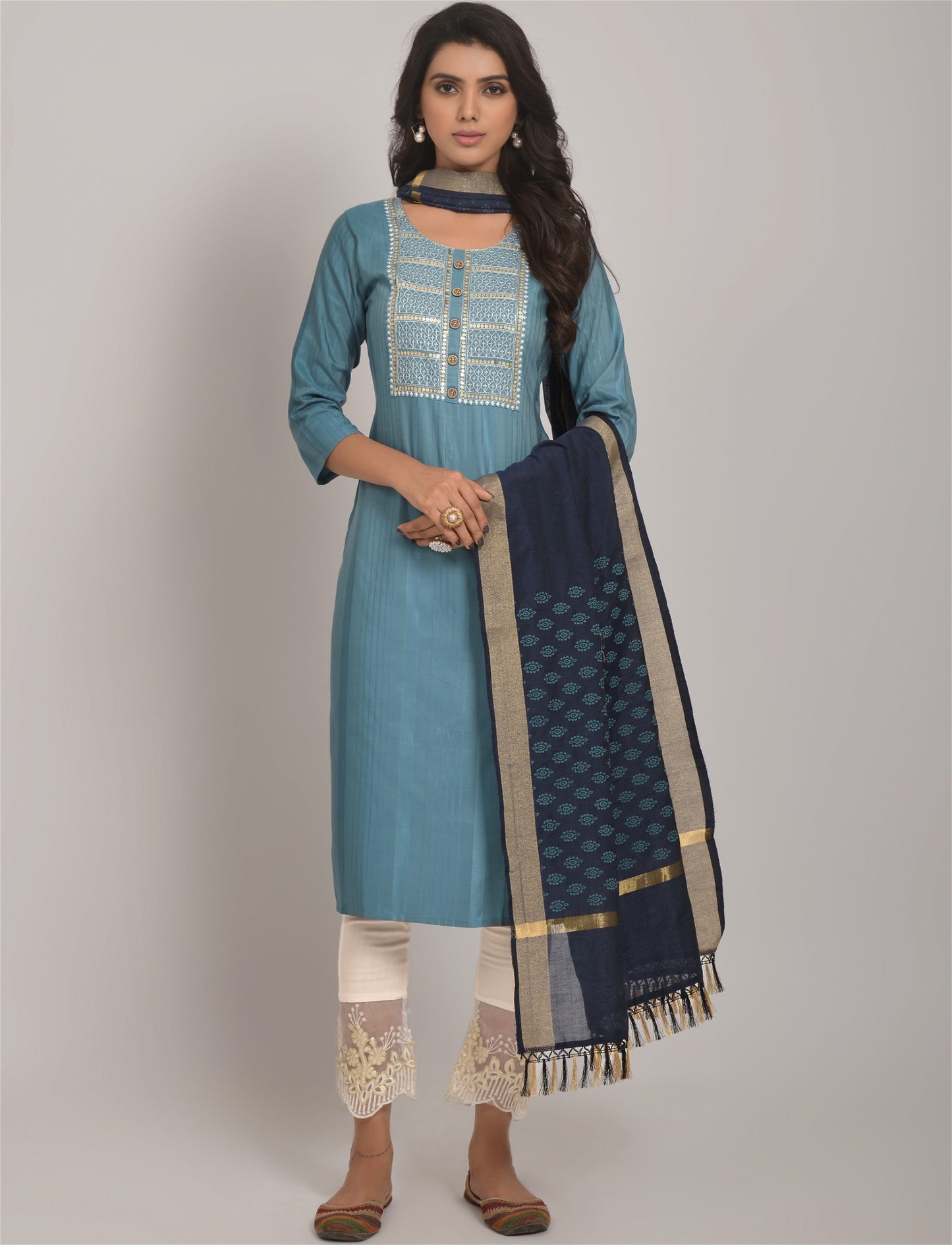 Sky Blue Party Wear Embroidery Worked Kurta With Pant And Duppata Set - VOGUEHAVENSTORE