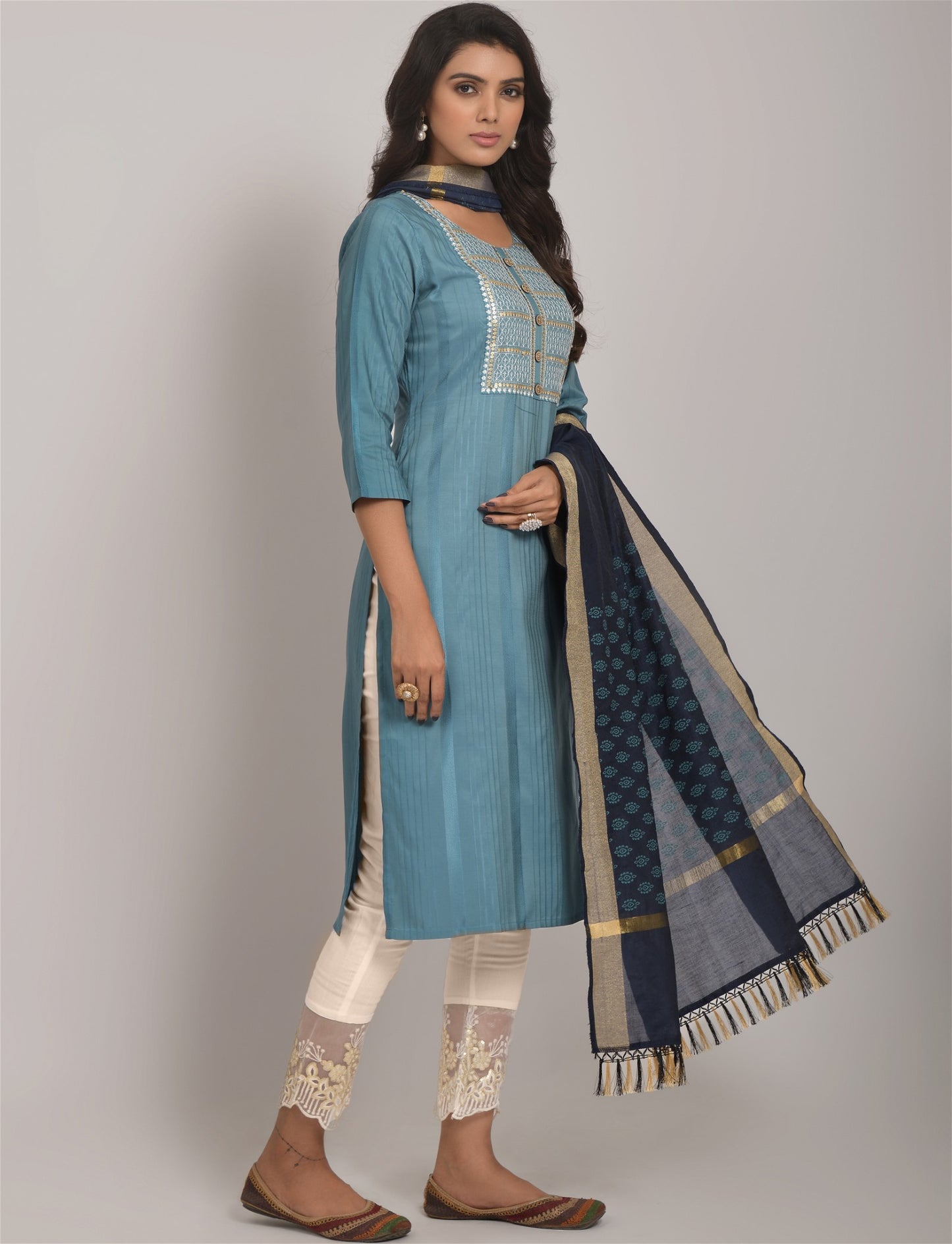 Sky Blue Party Wear Embroidery Worked Kurta With Pant And Duppata Set - VOGUEHAVENSTORE