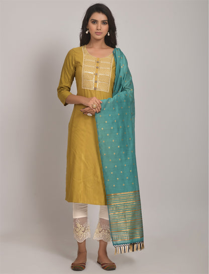 Yellow Party Wear Embroidery Worked Kurta With Pant And Duppata Set - VOGUEHAVENSTORE