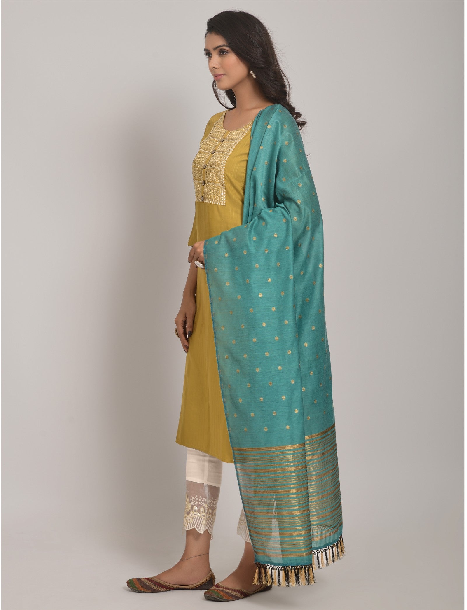 Yellow Party Wear Embroidery Worked Kurta With Pant And Duppata Set - VOGUEHAVENSTORE