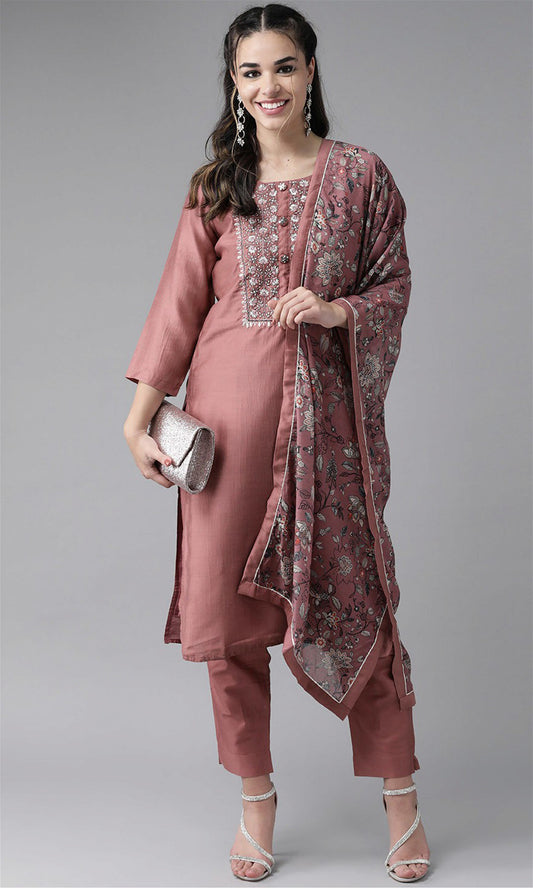 Peach Party Wear Embroidery Worked Kurta With Pant And Duppata Set - VOGUEHAVENSTORE