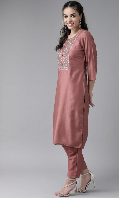 Peach Party Wear Embroidery Worked Kurta With Pant And Duppata Set - VOGUEHAVENSTORE