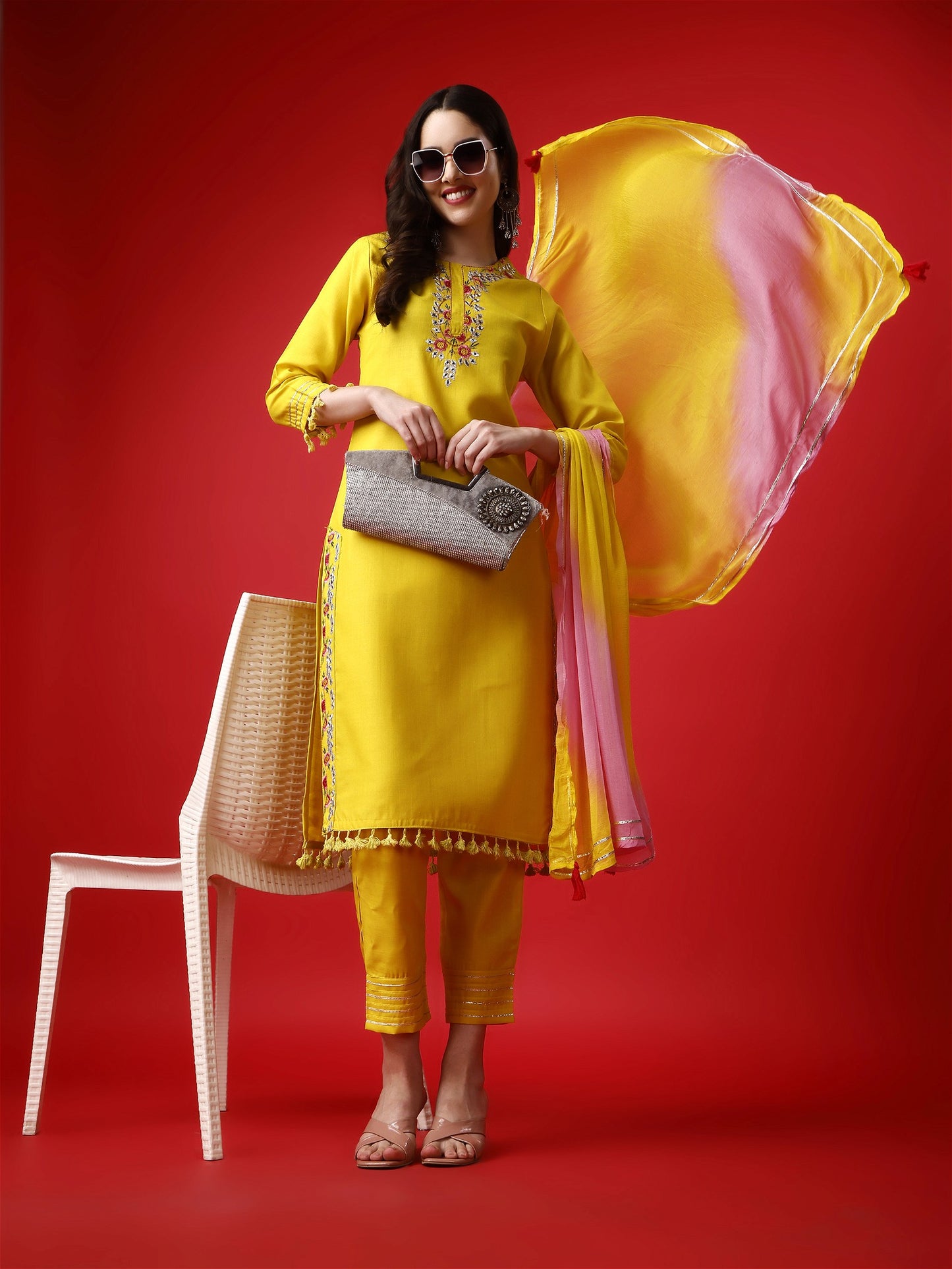 Yellow Party Wear Embroidery Worked Kurta With Pant And Duppata Set - VOGUEHAVENSTORE