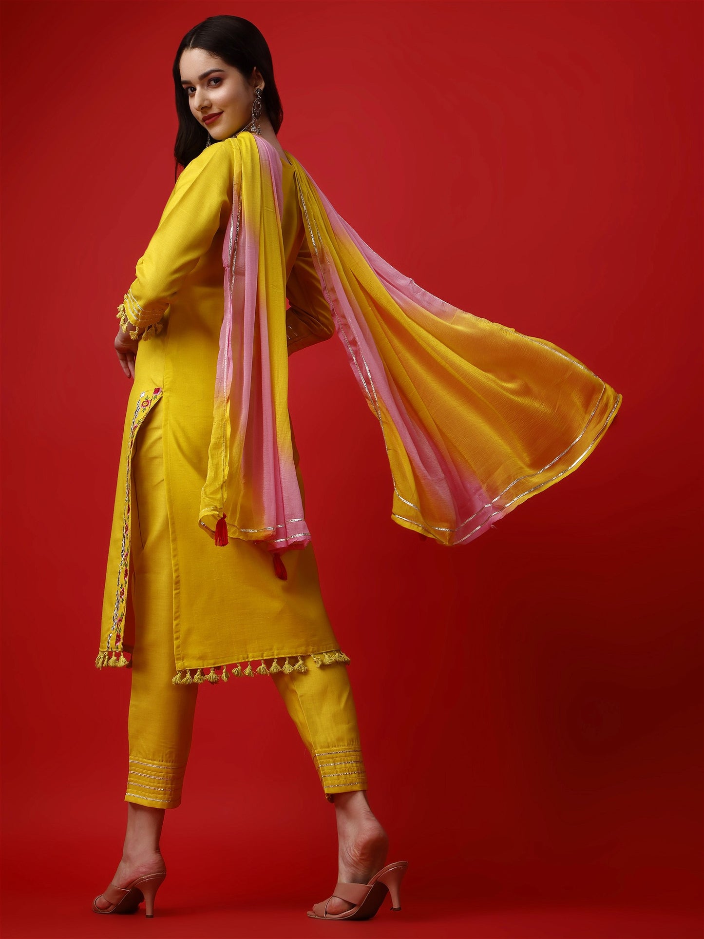 Yellow Party Wear Embroidery Worked Kurta With Pant And Duppata Set - VOGUEHAVENSTORE