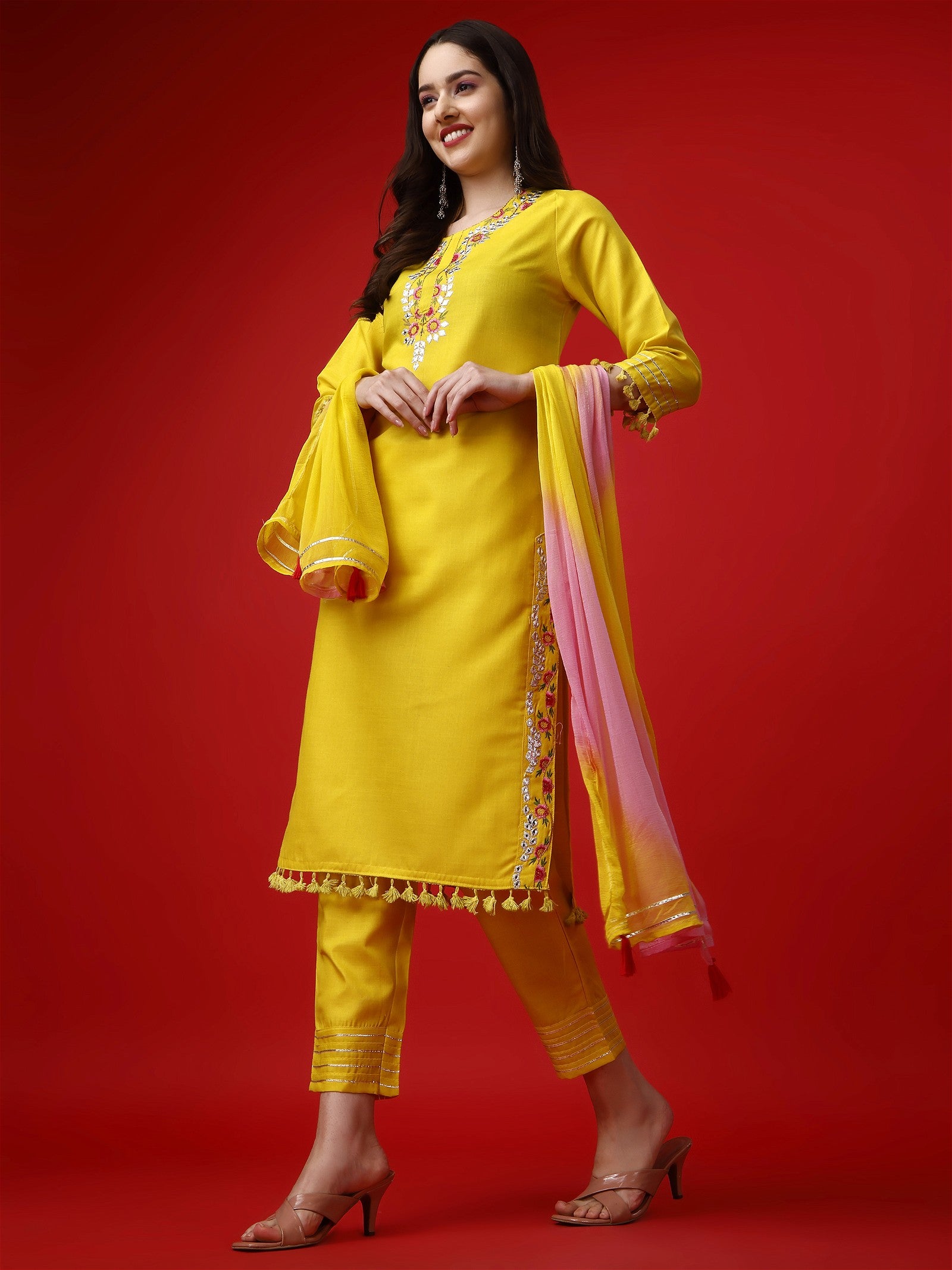 Yellow Party Wear Embroidery Worked Kurta With Pant And Duppata Set - VOGUEHAVENSTORE