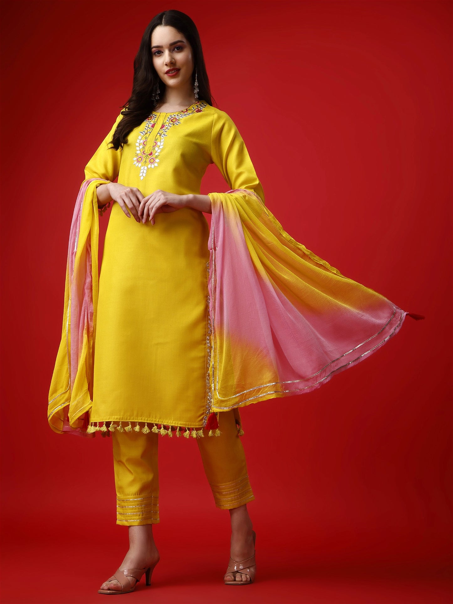 Yellow Party Wear Embroidery Worked Kurta With Pant And Duppata Set - VOGUEHAVENSTORE