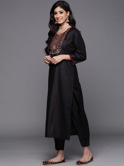 Black Party Wear Embroidery Worked Kurta With Pant And Duppata Set - VOGUEHAVENSTORE