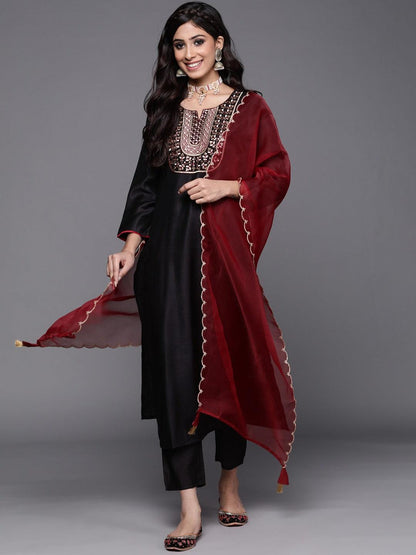 Black Party Wear Embroidery Worked Kurta With Pant And Duppata Set - VOGUEHAVENSTORE