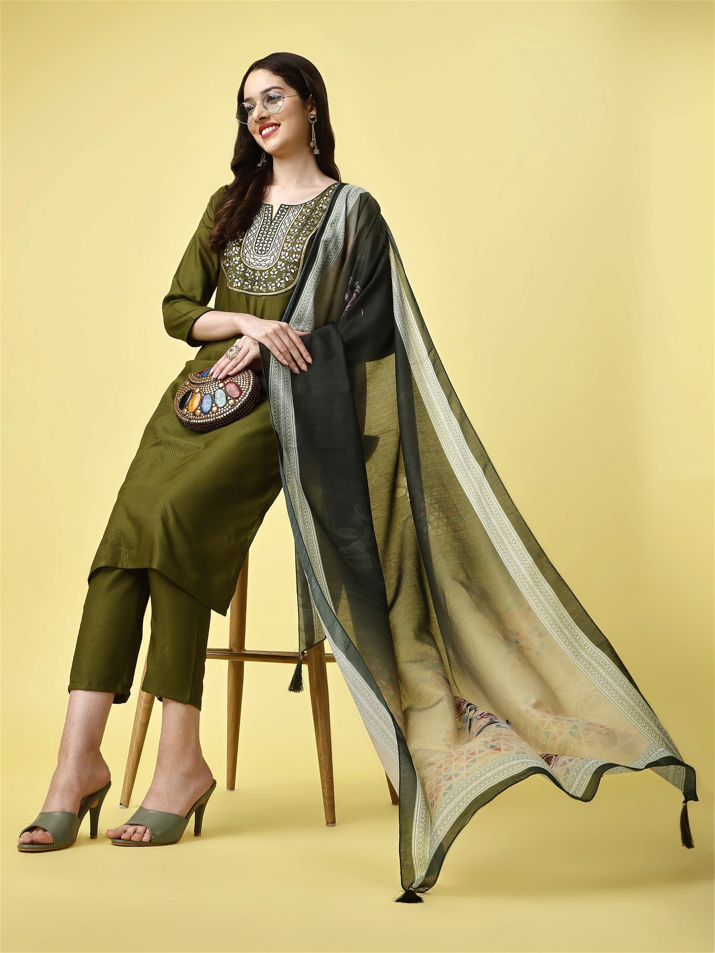 Green Party Wear Embroidery Worked Kurta With Pant And Duppata Set - VOGUEHAVENSTORE