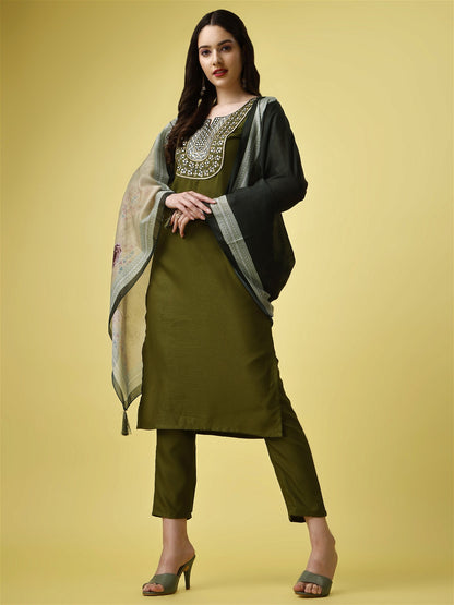 Green Party Wear Embroidery Worked Kurta With Pant And Duppata Set - VOGUEHAVENSTORE