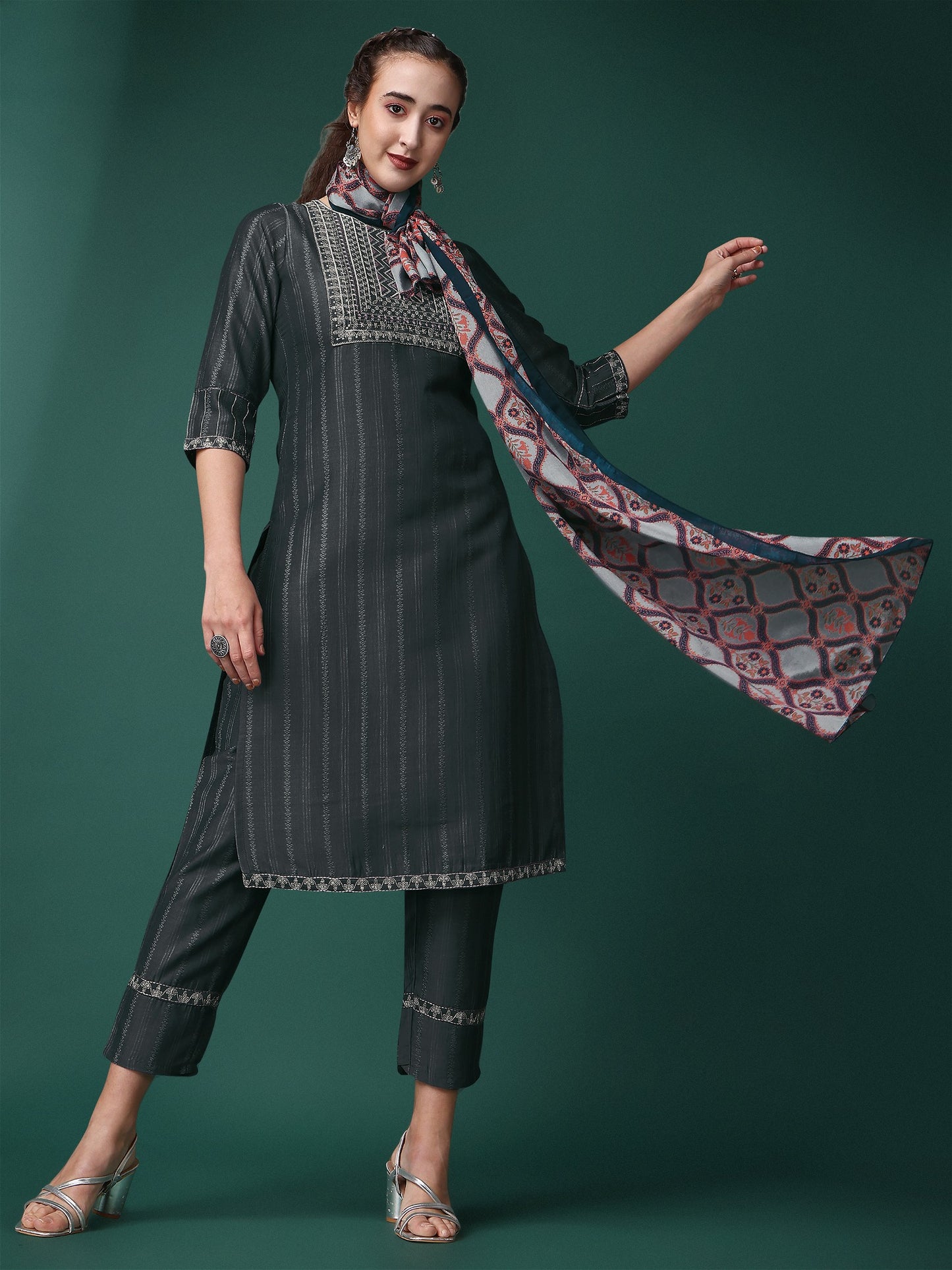 Grey Party Wear Embroidery Worked Kurta With Pant And Duppata Set - VOGUEHAVENSTORE