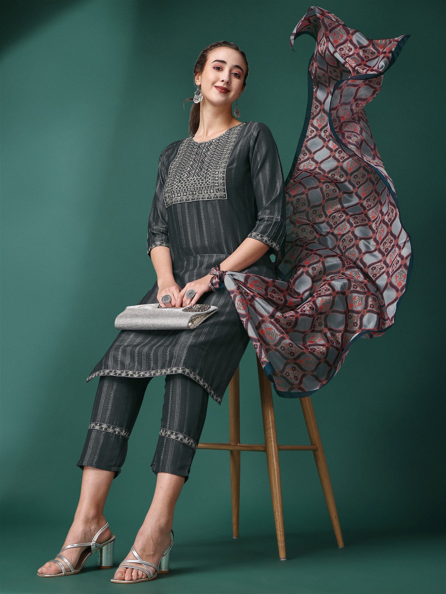 Grey Party Wear Embroidery Worked Kurta With Pant And Duppata Set - VOGUEHAVENSTORE