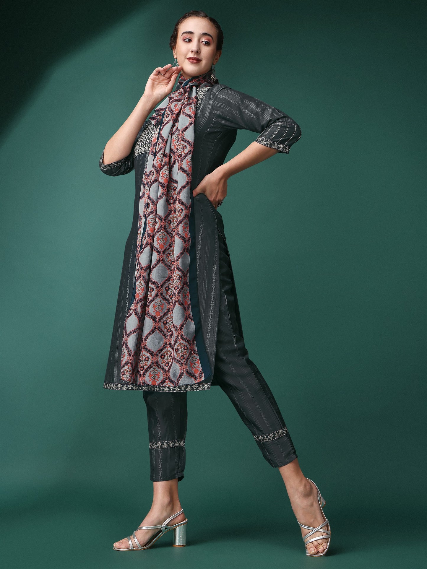 Grey Party Wear Embroidery Worked Kurta With Pant And Duppata Set - VOGUEHAVENSTORE