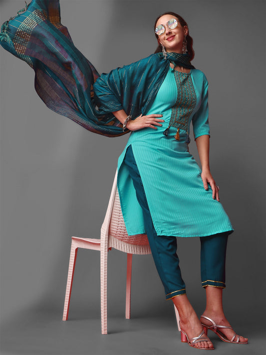 Sky Blue Party Wear Embroidery Worked Kurta With Pant And Duppata Set - VOGUEHAVENSTORE