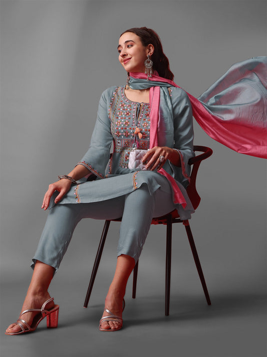 Grey Party Wear Embroidery Worked Kurta With Pant And Duppata Set - VOGUEHAVENSTORE