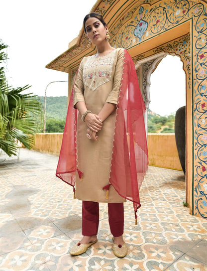 Chiku Party Wear Embroidery Worked Kurta With Pant And Duppata Set - VOGUEHAVENSTORE