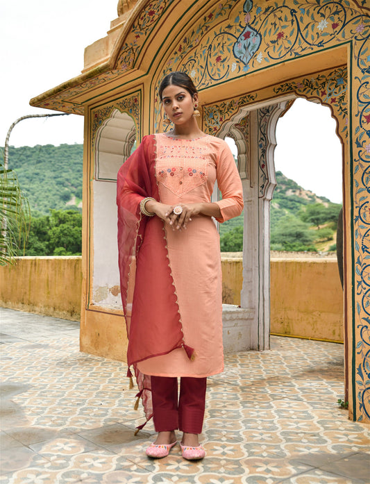 Peach Party Wear Embroidery Worked Kurta With Pant And Duppata Set - VOGUEHAVENSTORE