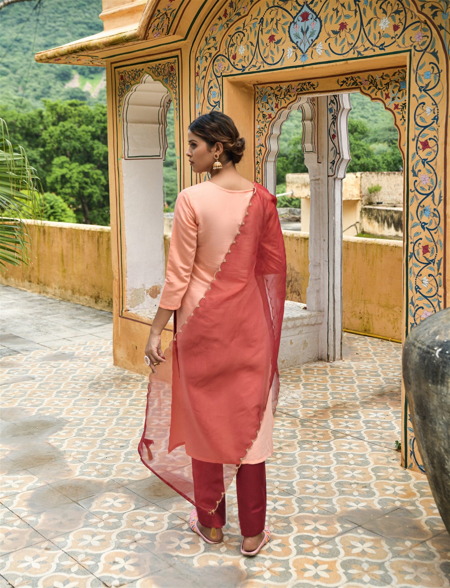 Peach Party Wear Embroidery Worked Kurta With Pant And Duppata Set - VOGUEHAVENSTORE