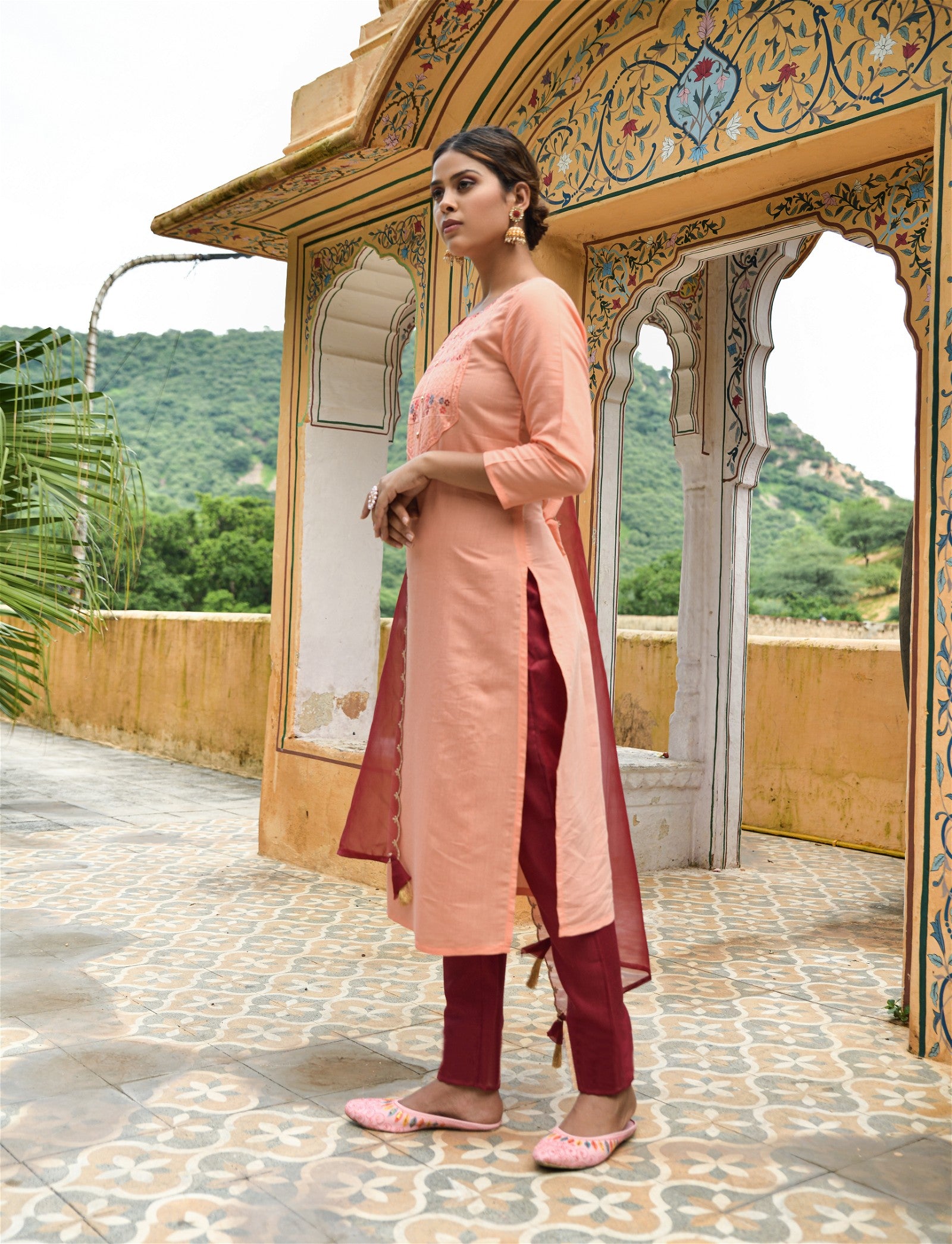 Peach Party Wear Embroidery Worked Kurta With Pant And Duppata Set - VOGUEHAVENSTORE