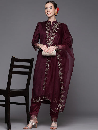 Wine Party Wear Embroidery Worked Kurta With Pant And Duppata Set - VOGUEHAVENSTORE