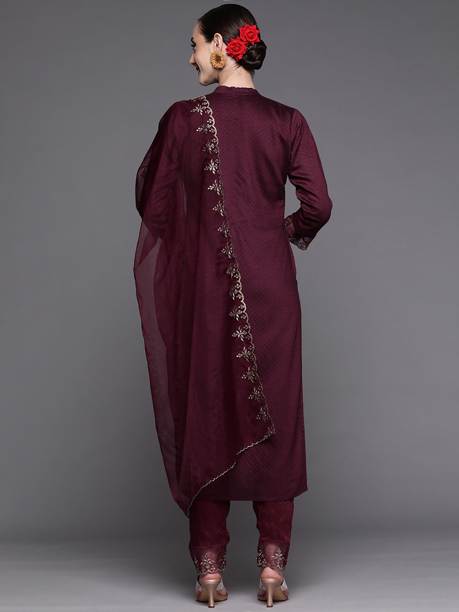 Wine Party Wear Embroidery Worked Kurta With Pant And Duppata Set - VOGUEHAVENSTORE