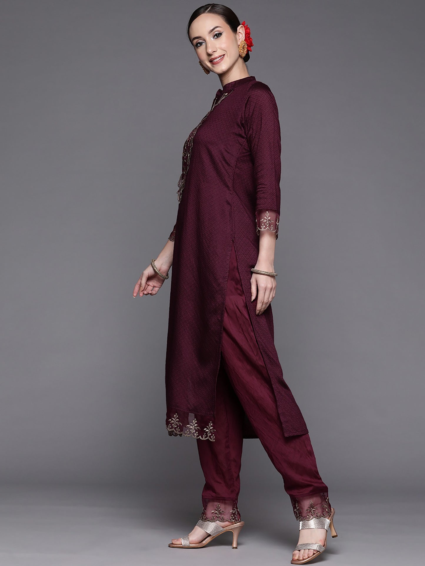 Wine Party Wear Embroidery Worked Kurta With Pant And Duppata Set - VOGUEHAVENSTORE