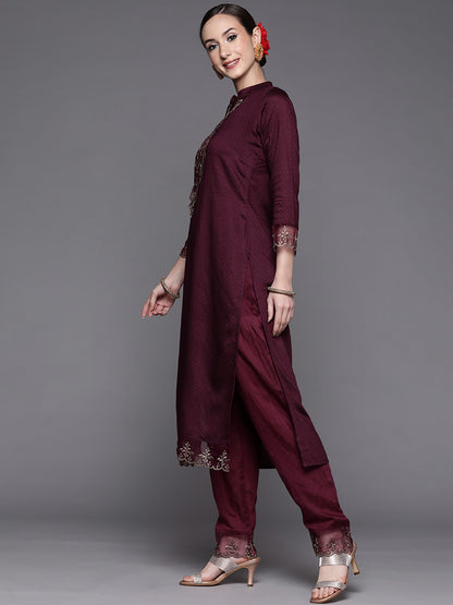 Wine Party Wear Embroidery Worked Kurta With Pant And Duppata Set - VOGUEHAVENSTORE