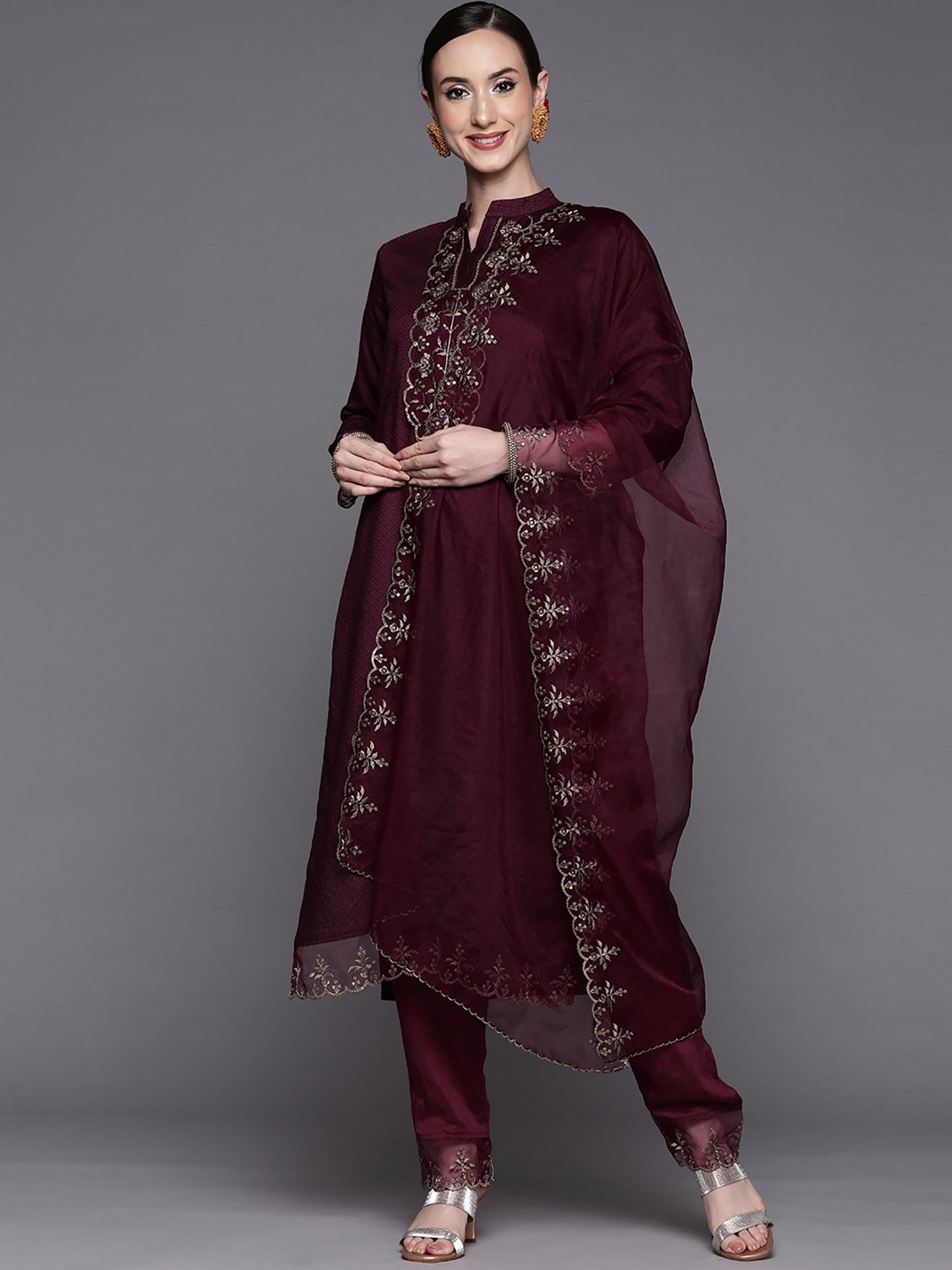 Wine Party Wear Embroidery Worked Kurta With Pant And Duppata Set - VOGUEHAVENSTORE