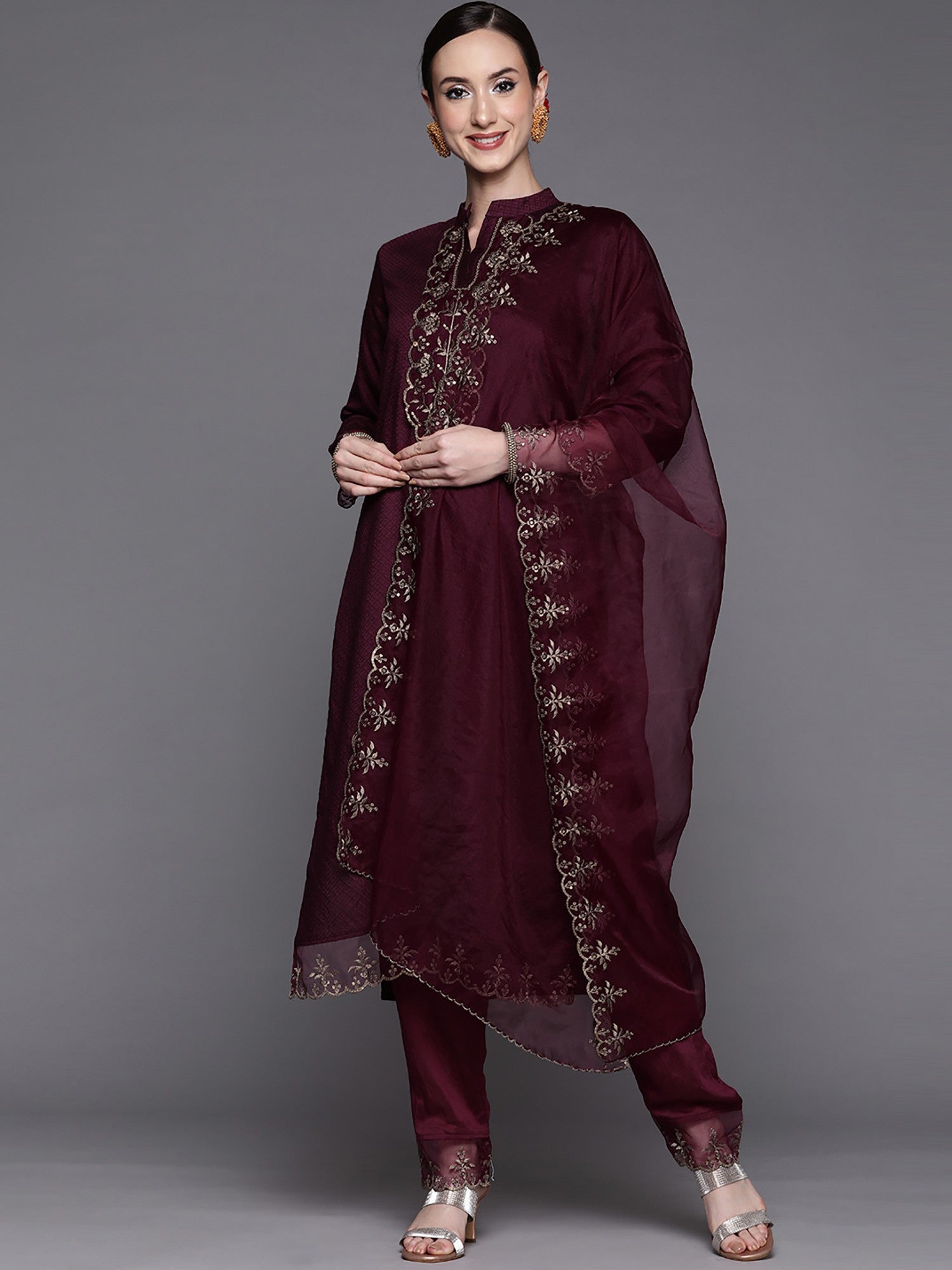 Wine Party Wear Embroidery Worked Kurta With Pant And Duppata Set - VOGUEHAVENSTORE