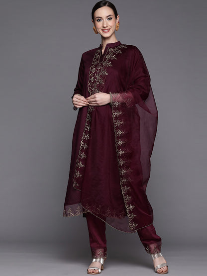 Wine Party Wear Embroidery Worked Kurta With Pant And Duppata Set - VOGUEHAVENSTORE