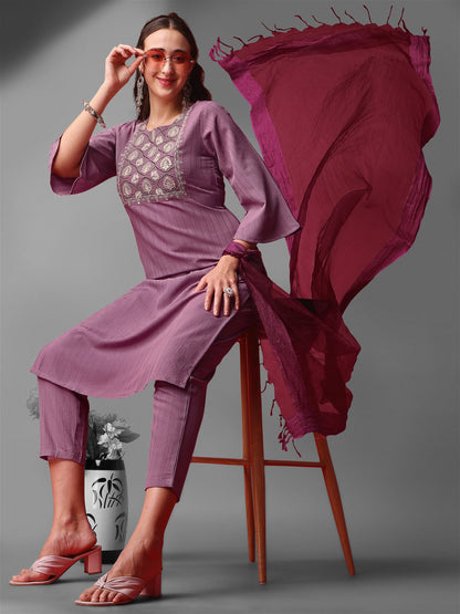 Purple Party Wear Embroidery Worked Kurta With Pant And Duppata Set - VOGUEHAVENSTORE